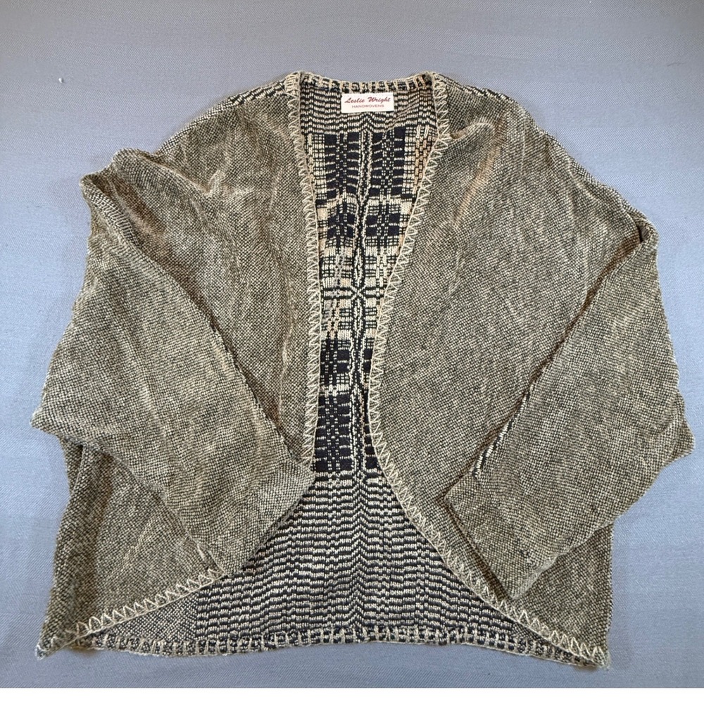 Leslie Wright Handwovens Artisan Knit Open Front Cardigan Geometric Plaid 2326